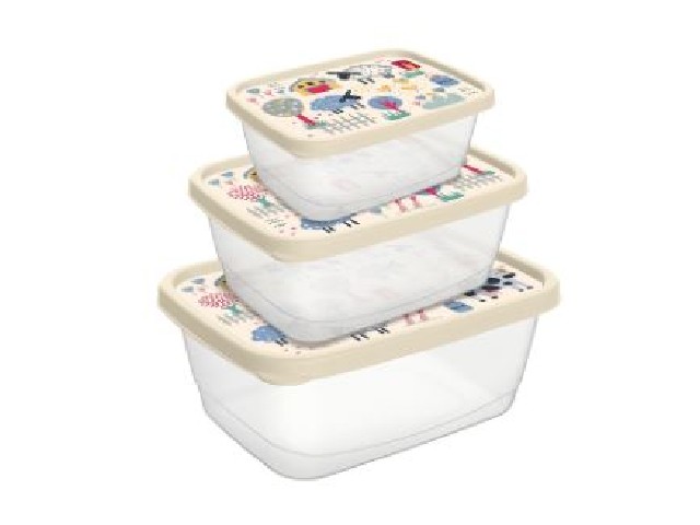 Комплект контейнеров для продуктов прямоугольных 3 шт. (0,5л+0,85л+1,5л) с декором (светло-бежевый)